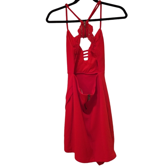LF Rumor Boutique Asymmetrical Bodycon Wrap skirt Lace Backless Mini Dress - Red - Picture 3 of 8